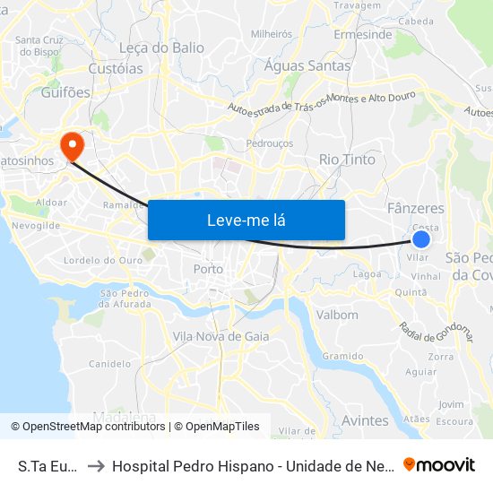 S.Ta Eulália to Hospital Pedro Hispano - Unidade de Neonatologia map