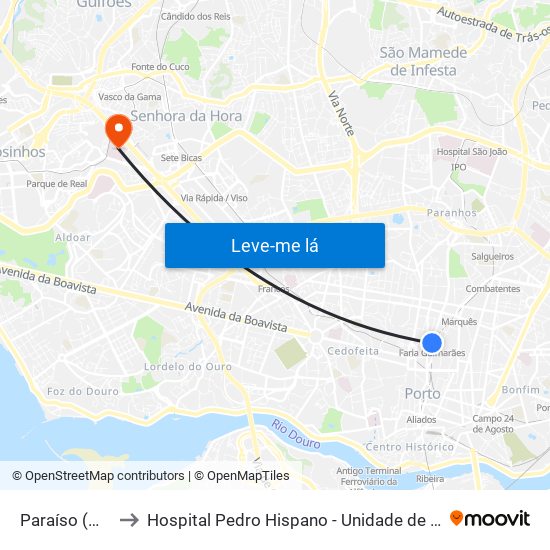 Paraíso (Metro) to Hospital Pedro Hispano - Unidade de Neonatologia map