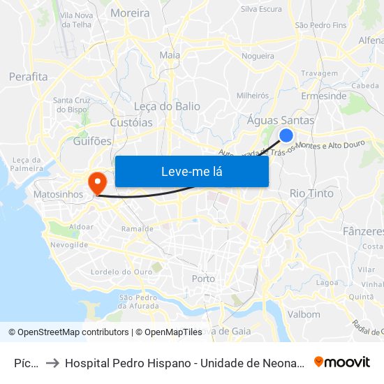 Pícua to Hospital Pedro Hispano - Unidade de Neonatologia map