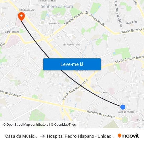 Casa da Música (Metro) to Hospital Pedro Hispano - Unidade de Neonatologia map