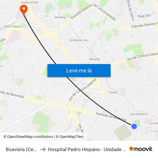 Boavista (Cemitério) to Hospital Pedro Hispano - Unidade de Neonatologia map