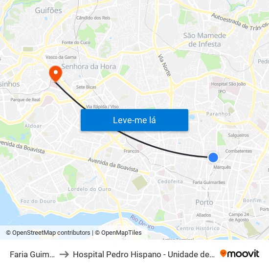 Faria Guimarães to Hospital Pedro Hispano - Unidade de Neonatologia map