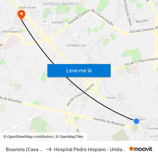 Boavista (Casa da Música) to Hospital Pedro Hispano - Unidade de Neonatologia map
