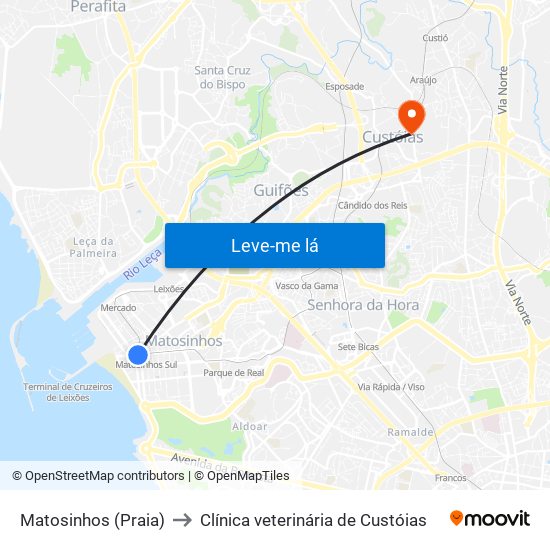 Matosinhos (Praia) to Clínica veterinária de Custóias map