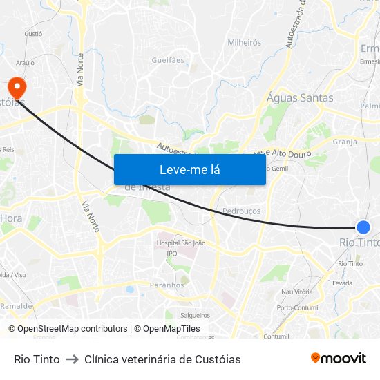 Rio Tinto to Clínica veterinária de Custóias map