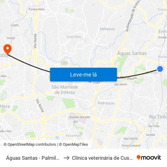 Águas Santas - Palmilheira to Clínica veterinária de Custóias map