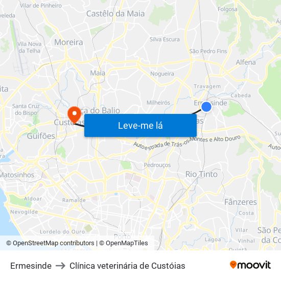 Ermesinde to Clínica veterinária de Custóias map