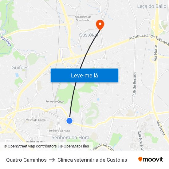 Quatro Caminhos to Clínica veterinária de Custóias map