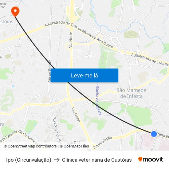 Ipo (Circunvalação) to Clínica veterinária de Custóias map