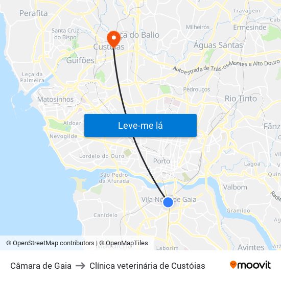 Câmara de Gaia to Clínica veterinária de Custóias map