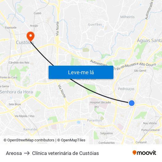 Areosa to Clínica veterinária de Custóias map