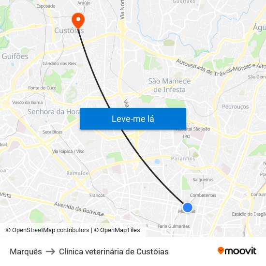 Marquês to Clínica veterinária de Custóias map