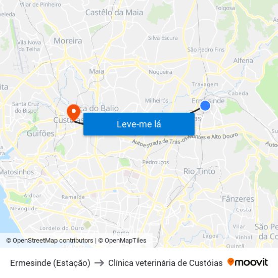 Ermesinde (Estação) to Clínica veterinária de Custóias map