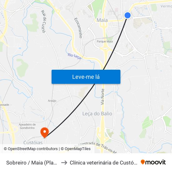 Sobreiro / Maia (Plaza) to Clínica veterinária de Custóias map