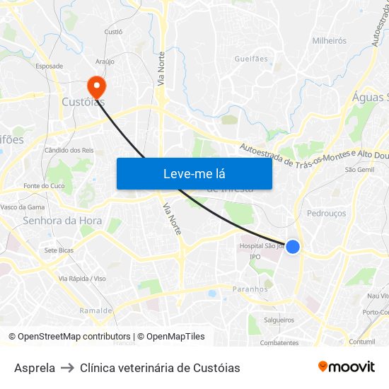 Asprela to Clínica veterinária de Custóias map