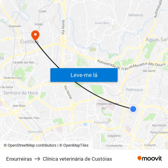 Enxurreiras to Clínica veterinária de Custóias map