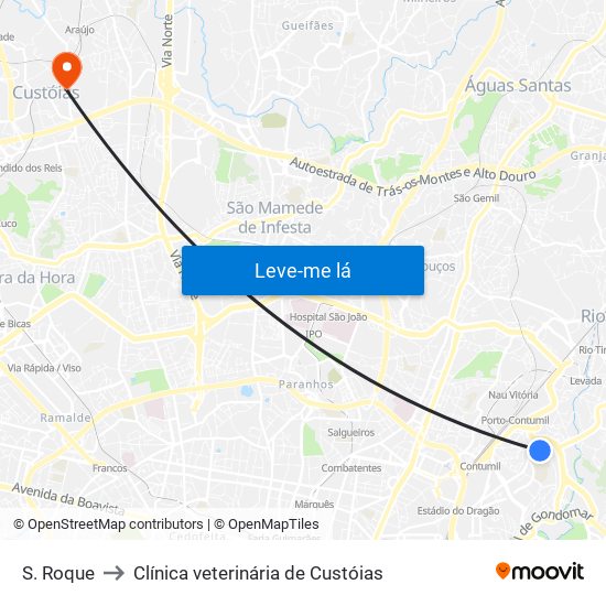 S. Roque to Clínica veterinária de Custóias map