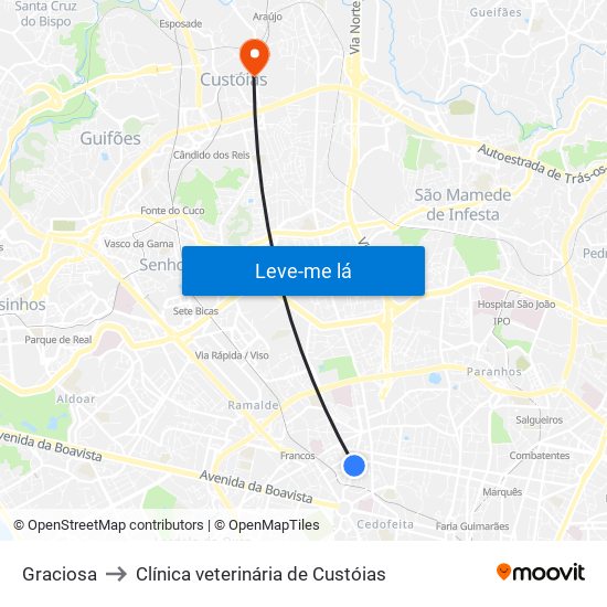 Graciosa to Clínica veterinária de Custóias map