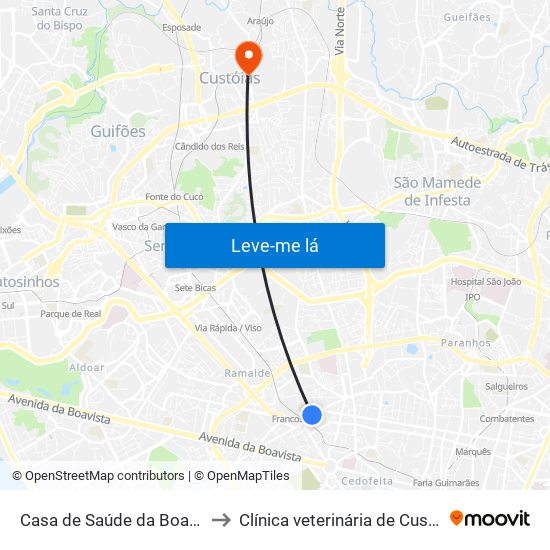 Casa de Saúde da Boavista to Clínica veterinária de Custóias map