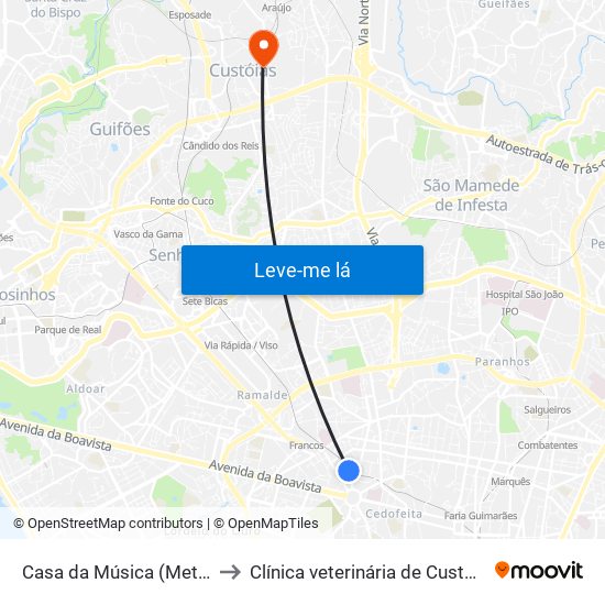 Casa da Música (Metro) to Clínica veterinária de Custóias map