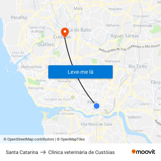 Santa Catarina to Clínica veterinária de Custóias map