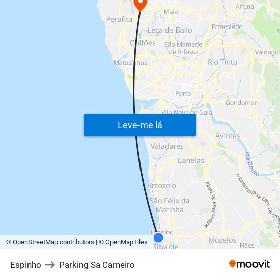 Espinho to Parking Sa Carneiro map