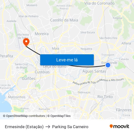 Ermesinde (Estação) to Parking Sa Carneiro map