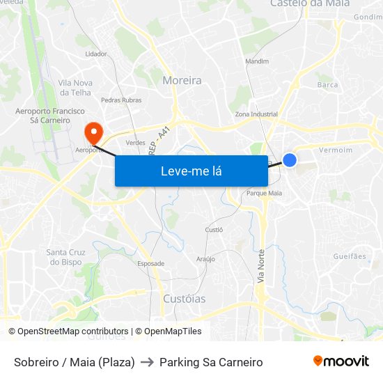 Sobreiro / Maia (Plaza) to Parking Sa Carneiro map