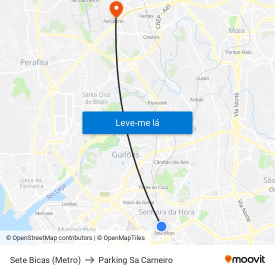 Sete Bicas (Metro) to Parking Sa Carneiro map