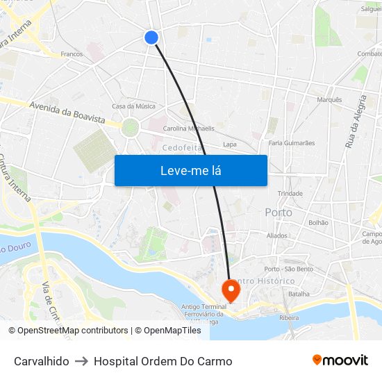 Carvalhido to Hospital Ordem Do Carmo map