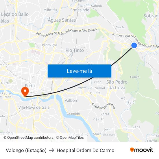 Valongo (Estação) to Hospital Ordem Do Carmo map