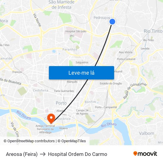 Areosa (Feira) to Hospital Ordem Do Carmo map