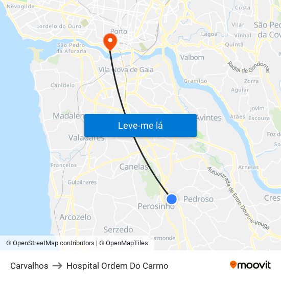 Carvalhos to Hospital Ordem Do Carmo map