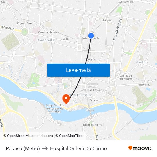 Paraíso (Metro) to Hospital Ordem Do Carmo map