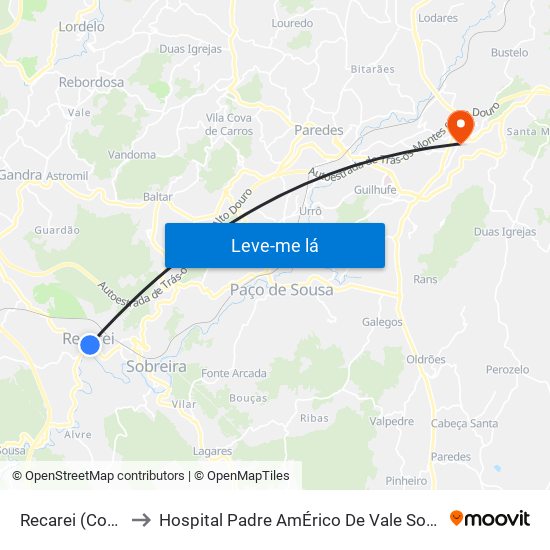 Recarei (Costa) to Hospital Padre AmÉrico De Vale Sousa Sa map