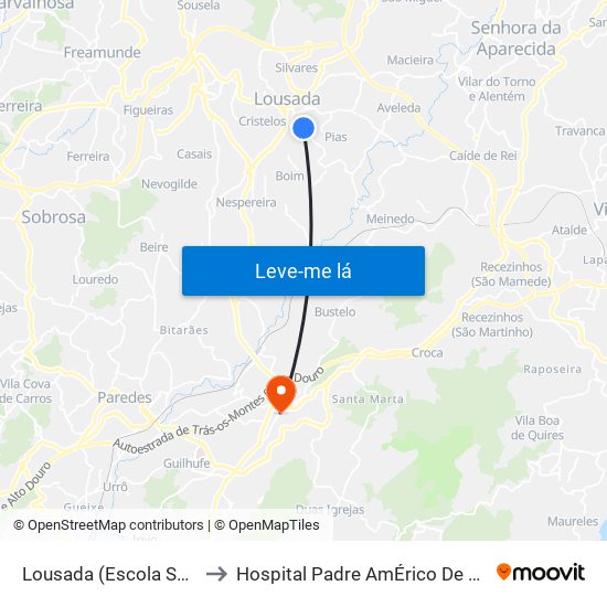 Lousada (Escola Secundaria) to Hospital Padre AmÉrico De Vale Sousa Sa map