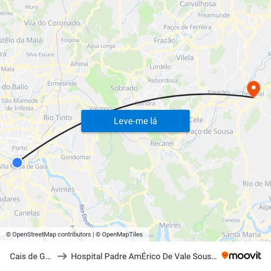 Cais de Gaia to Hospital Padre AmÉrico De Vale Sousa Sa map