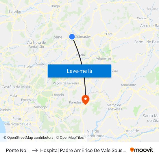 Ponte Nova to Hospital Padre AmÉrico De Vale Sousa Sa map