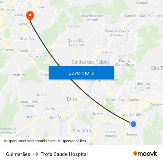 Guimarães to Trofa Saúde Hospital map