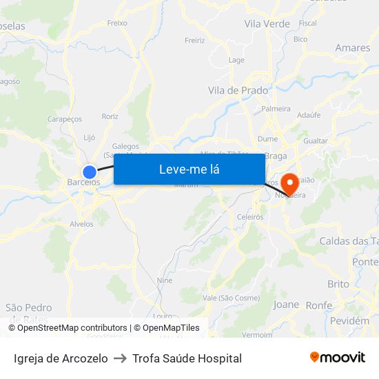 Igreja de Arcozelo to Trofa Saúde Hospital map