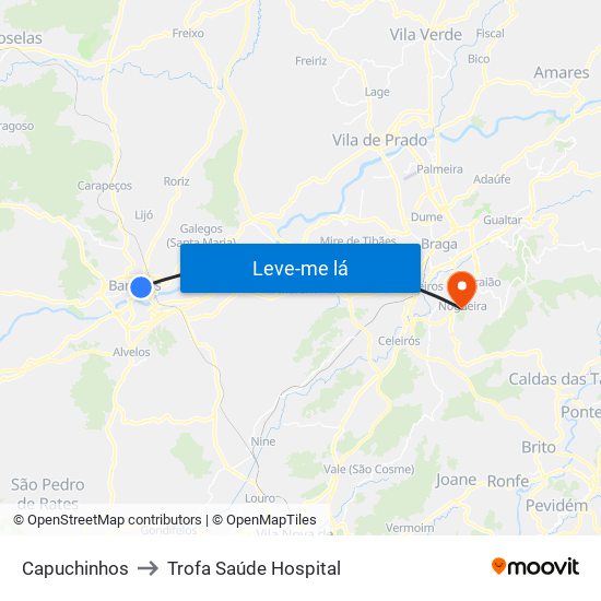 Capuchinhos to Trofa Saúde Hospital map