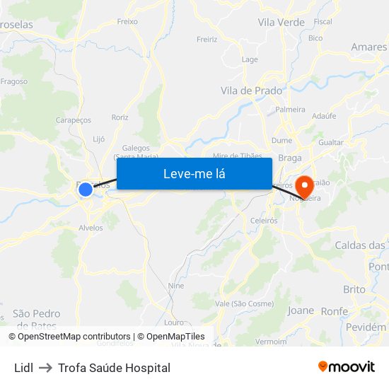 Lidl to Trofa Saúde Hospital map