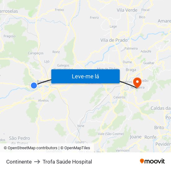 Continente to Trofa Saúde Hospital map