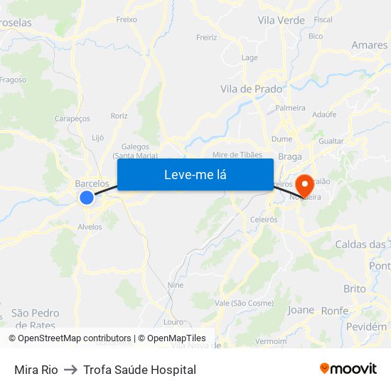 Mira Rio to Trofa Saúde Hospital map
