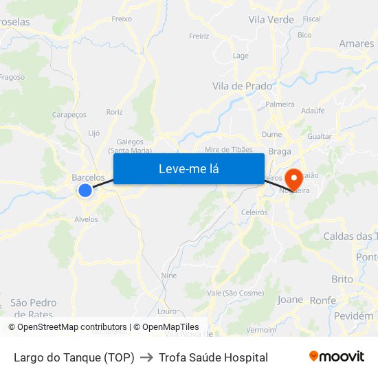 Largo do Tanque (TOP) to Trofa Saúde Hospital map