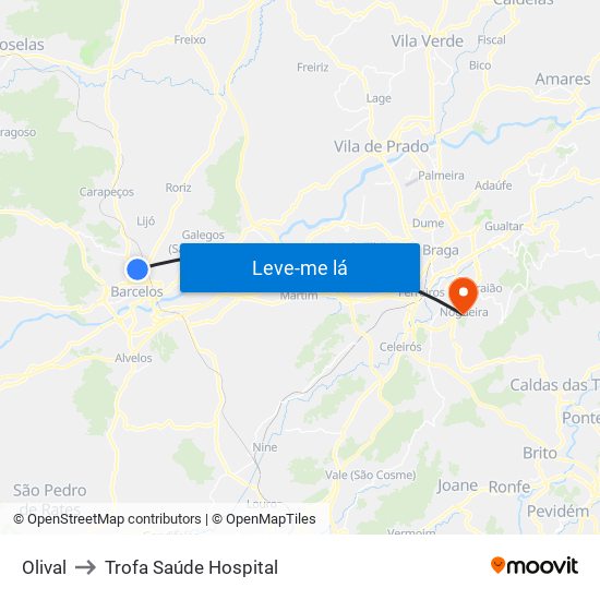 Olival to Trofa Saúde Hospital map