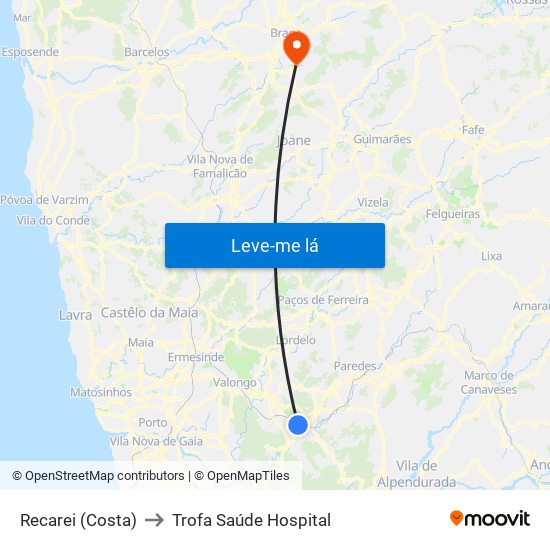 Recarei (Costa) to Trofa Saúde Hospital map