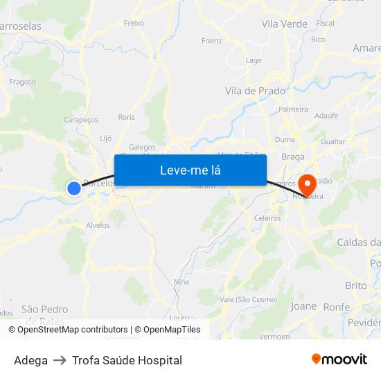 Adega to Trofa Saúde Hospital map