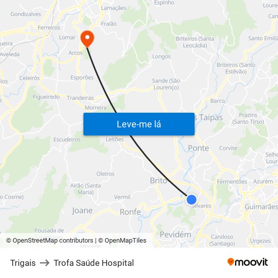 Trigais to Trofa Saúde Hospital map