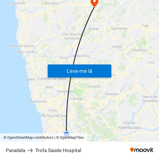 Paradela to Trofa Saúde Hospital map